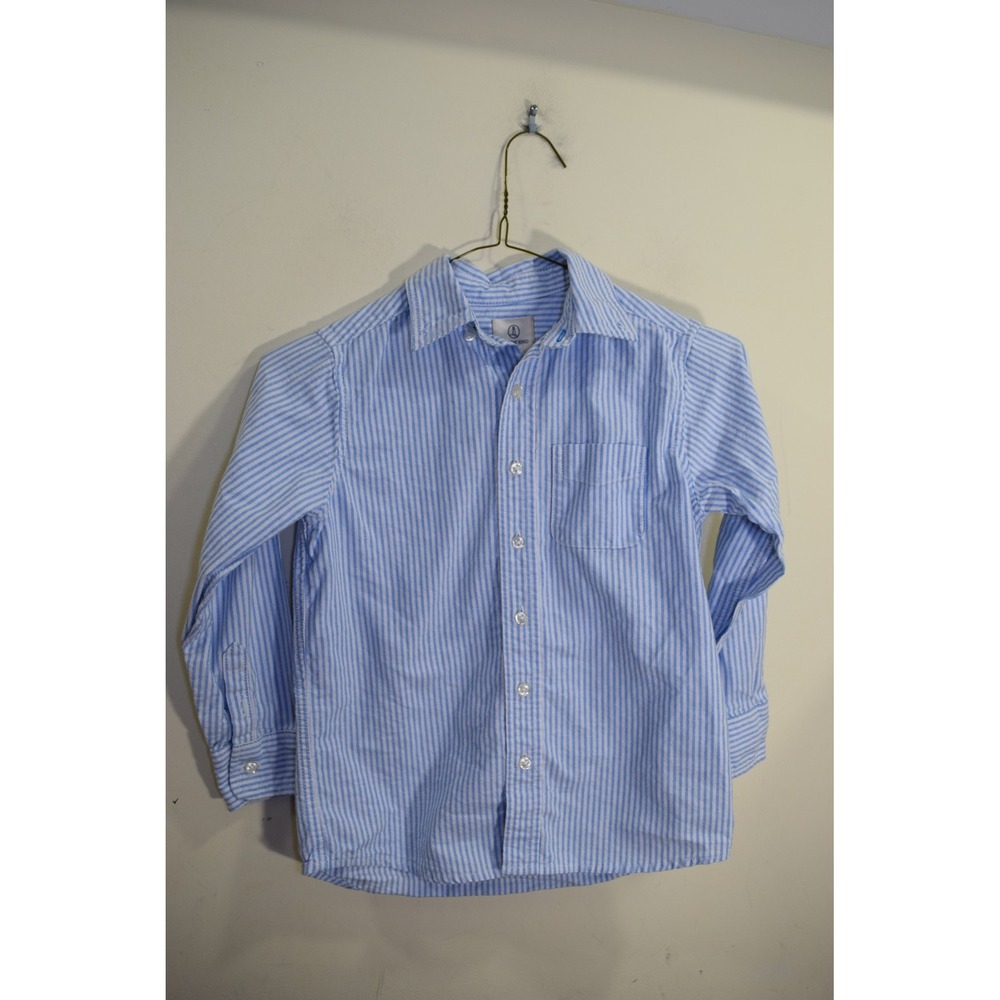 Lands End Kids Oxford Button Down Dress Shirt Blue White Stripe BOYS 7 LIKE DAD